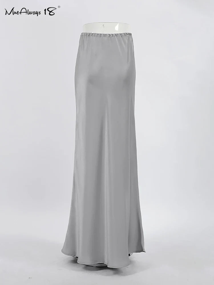 Mnealways18 Gray Drawstring Mermaid Satin Skirts Women Spring Summer Silky Ankle-Length Skirts Office Ladies Midi Skirts