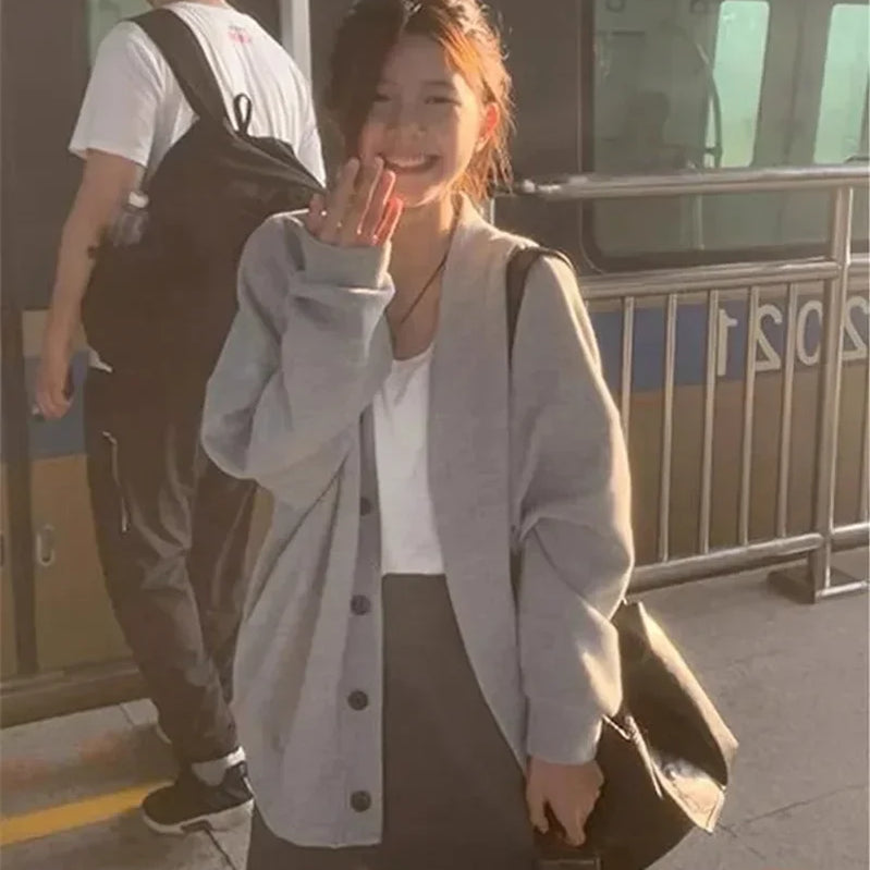 New Explosive JK Coat Top College Style Grey V-neck Cardigan Hoodie Women's Autumn/Winter Plush Korean Series Women