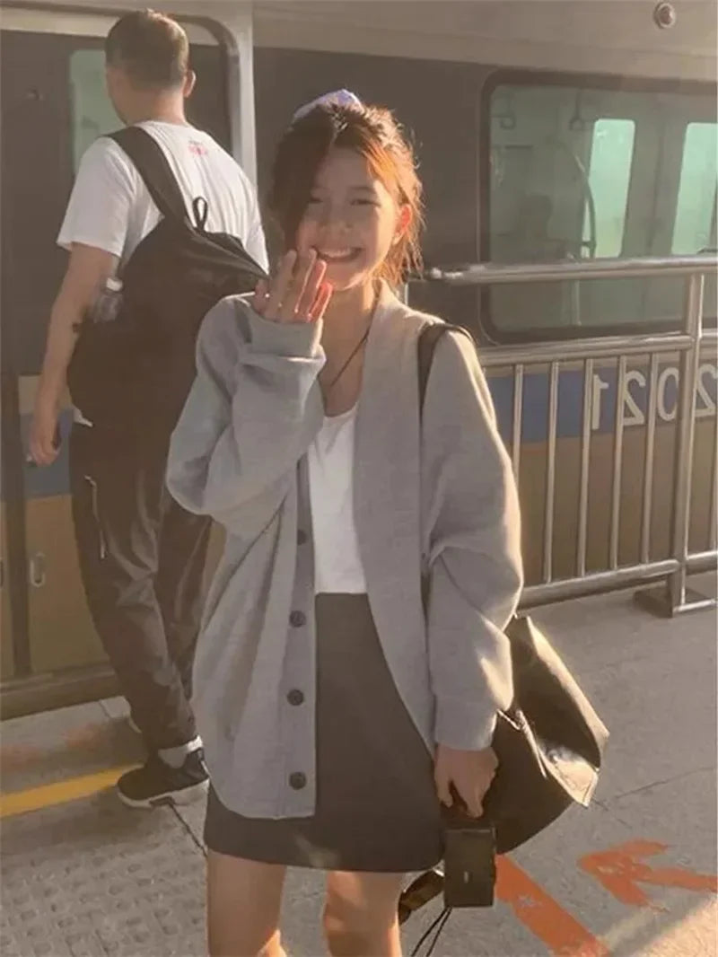 New Explosive JK Coat Top College Style Grey V-neck Cardigan Hoodie Women's Autumn/Winter Plush Korean Series Women