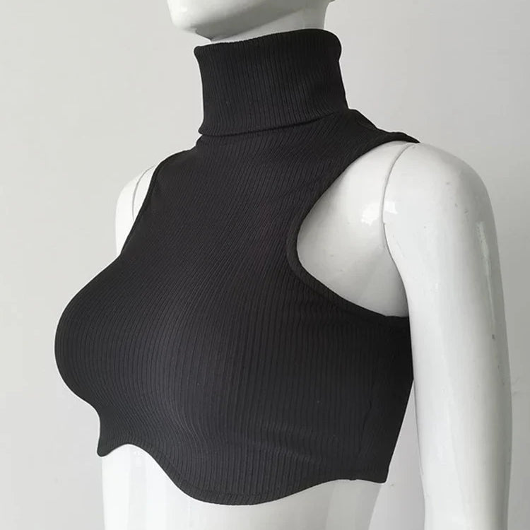 Y2k Black Knitting Turtleneck Crop Top Women Sexy Irregularity Skinny Elasticity Tank Top Fashion Club Top Streetwear