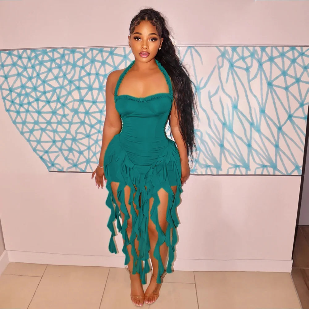 CM.YAYA Women Sleeveless Strapless Halter Long Dress Summer Streetwear Beach Tassel Evening Sexy Night Party Dresses Vestidos green