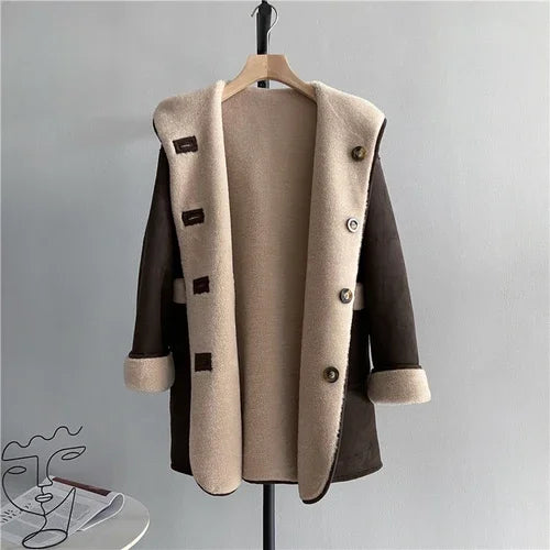 Fashion Sheep Shearling Fur Jacket Women Warm Mid-length Casual Wool Coat 2022 Winter Coat Women Korean Hooded Short Fur Coat Z chocolate