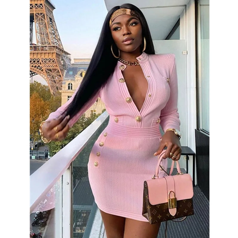 Winter Style Sexy Long Sleeve Key Hole Button Pink Mini Women Bodycon Bandage Dress Elegant Evening Club Party Dress Pink