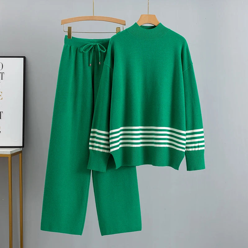 GIGOGOU Euro Designer Autumn Winter Women Sweater Tracksuit 2 piece Set Oversized Ladys Knitwear + Wide Leg Pants Warm Suits color 9 One Size