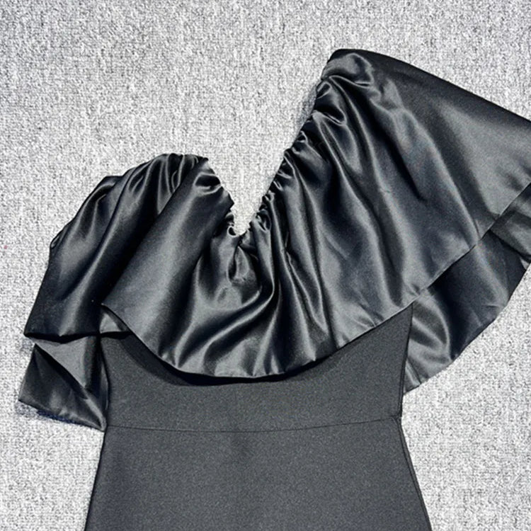 Women Sexy One Shoulder Ruffles Black Maxi Long Bodycon Bandage Dress 2024 Elegant Evening Club Party Dress