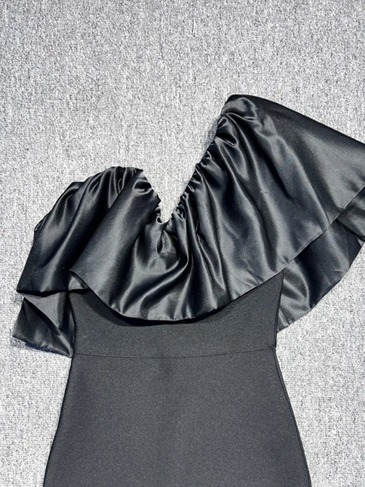 Women Sexy One Shoulder Ruffles Black Maxi Long Bodycon Bandage Dress 2024 Elegant Evening Club Party Dress