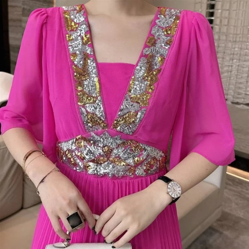 TWOTWINSTYLE Solid Sheer Spliced Sequin Dresses for Women Square Neck Half Sleeves Patchwork Folds Elegant Dress Female Clothing