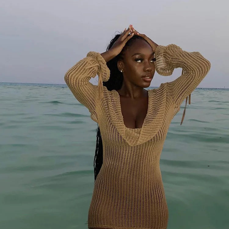 WannaThis Knitted Cutout Deep V-Neck Long Sleeve Ruched Dress Women Sexy Fashion Round Neck Backless Wrapped Woven Mini Dress