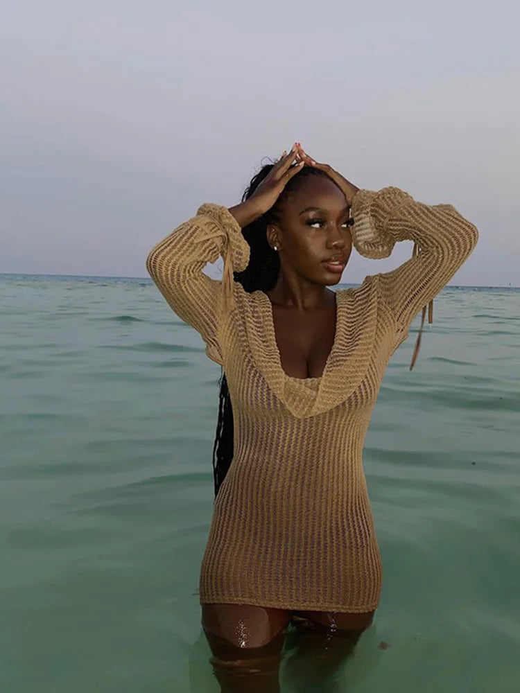 WannaThis Knitted Cutout Deep V-Neck Long Sleeve Ruched Dress Women Sexy Fashion Round Neck Backless Wrapped Woven Mini Dress