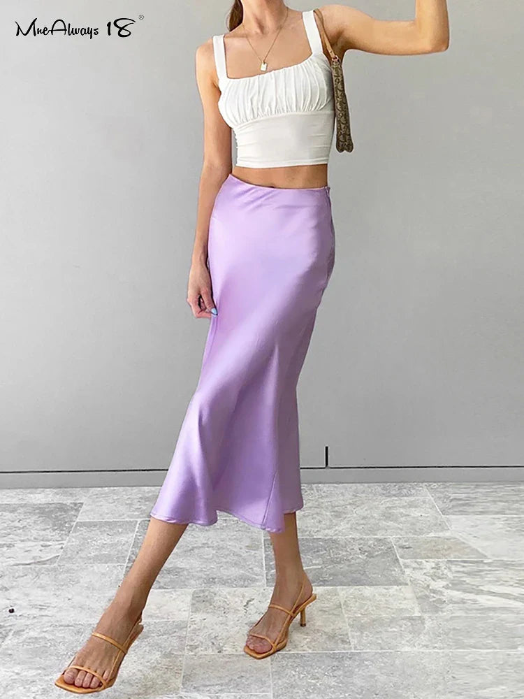 Mnealways18 Solid Purple Satin Silk Skirt Women High Waisted Summer Long Skirt New Elegant Ladies Office Skirts Midi Spring
