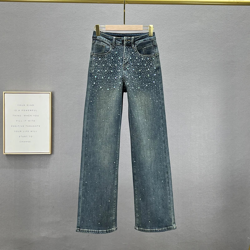 Women's Jeans High Waist Solid Color Sequins Diamond Loose Straight Wide Leg Denim Pants Winter Fashion Blue
