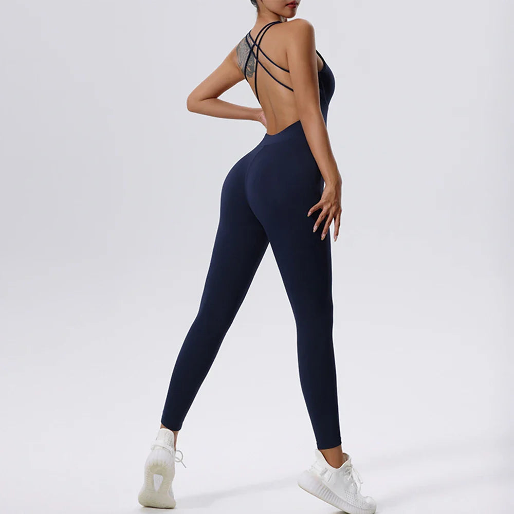 Sexy Jumpsuit Gym Workout Yoga Clothes Sleeveless One Piece Sports Jumpsuit Dance Fitness Tight Boilersuit Women Tracksuit Royal blue CHINA
