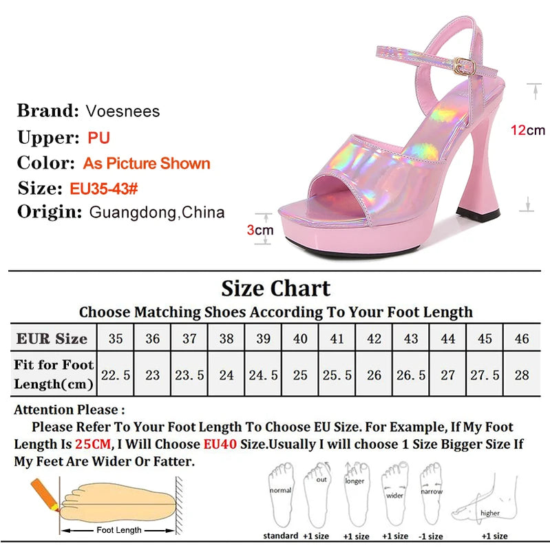 Laser 12CM Women Sandals Peep Toe Platform Shiny Colors Block Heels Pumps Summer Thick High Heel Shoes Woman Outdoor Slides