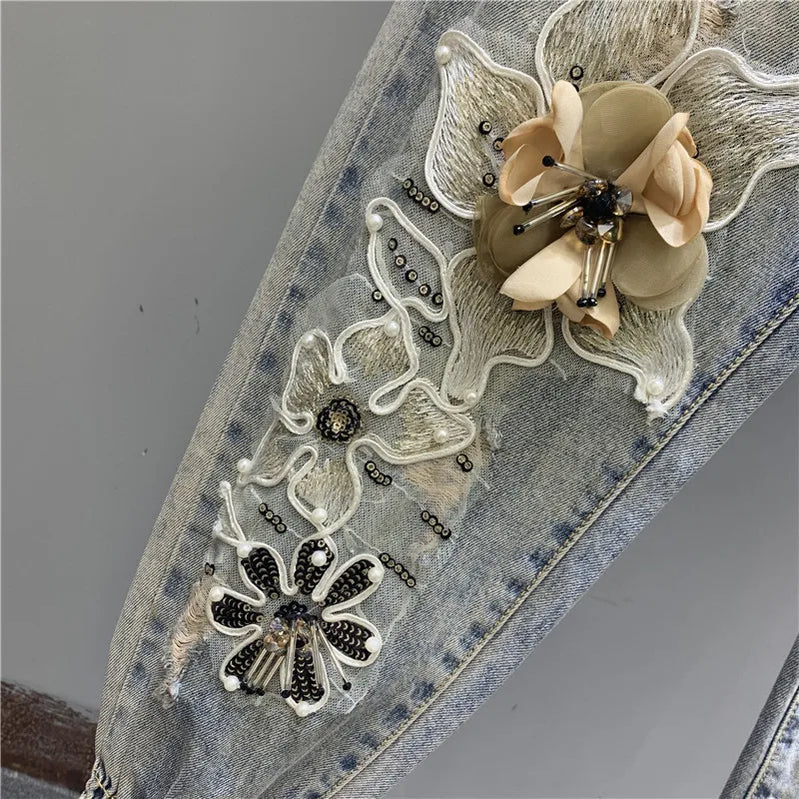 Spring 2023 New Heavy Industry Beads Three-Dimensional Flower Suspender Denim Jeans Casual Romper Skinny Jeans Jumpsuit Women