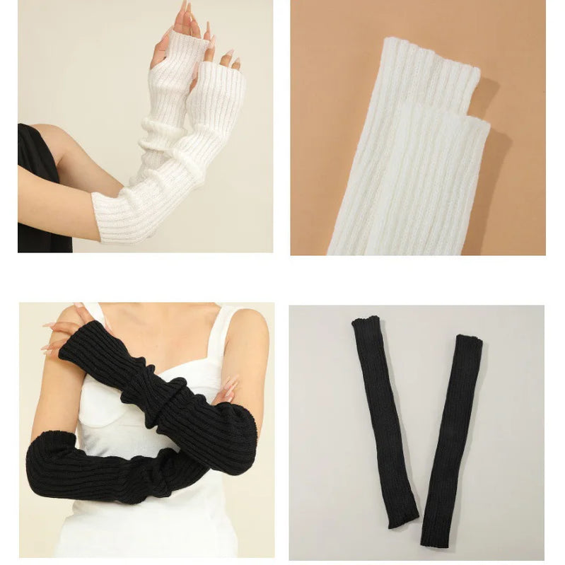 Elegant Half Finger Long Gloves For Women Trend Autumn Winter Thicken Arm Sleeves Knitted Warm Ladies Sleeves