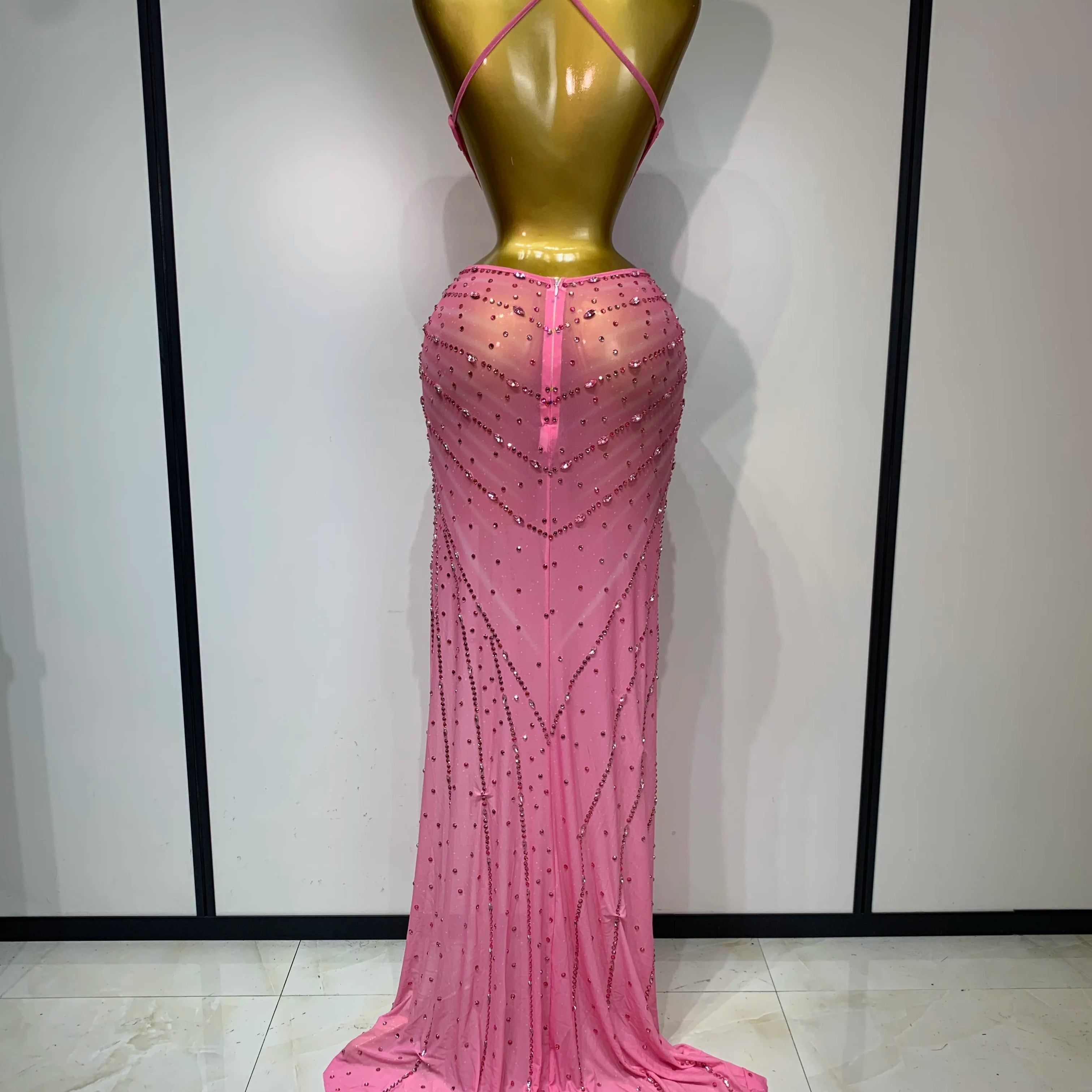 Sparkly Rhinestone Halter Mesh Transparent Dress Birthday Celebrate Evening Party Dress Women Sexy Split Backless Stage Outfit