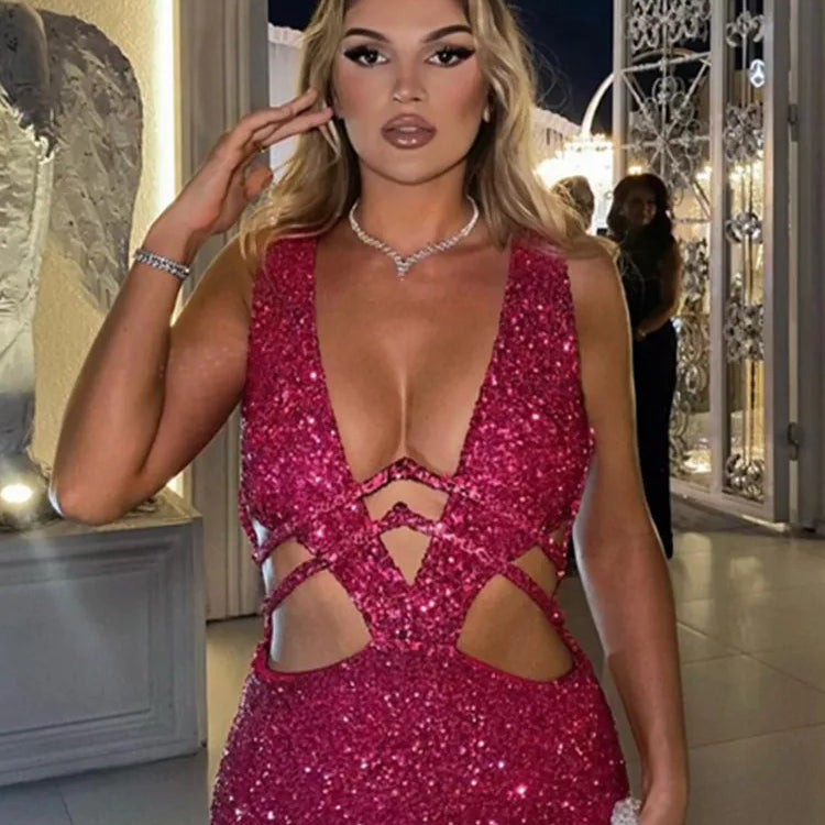 Women Luxury Sexy V Neck Cut Out Red Sequins Maxi Long Gowns Dress 2024 Elegant Evening Party Club Dress Vestido