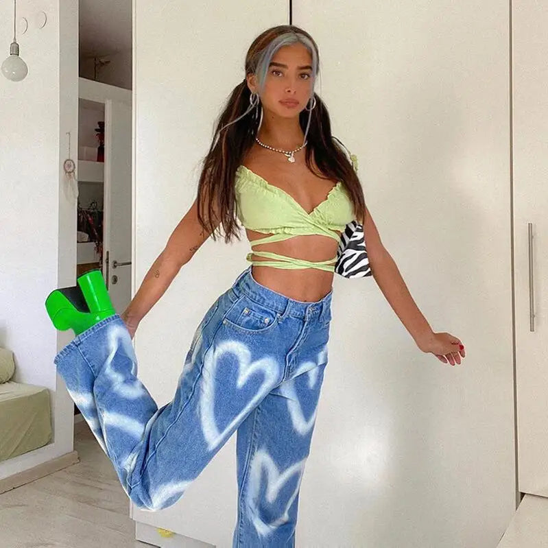 Casual Straight Brand Y2K Clothes Graffiti Printed Jeans Denim Streetwear Baggy Jeans Trousers Cropped Pants for Men