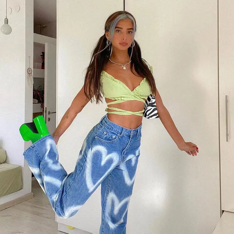 Casual Straight Brand Y2K Clothes Graffiti Printed Jeans Denim Streetwear Baggy Jeans Trousers Cropped Pants for Men