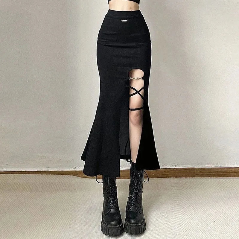 High Waist Women Mermaid Skirts American Style Designed Bandage Split Midi Skirt Y2K Fashion Streetwear Female Skirts Spring