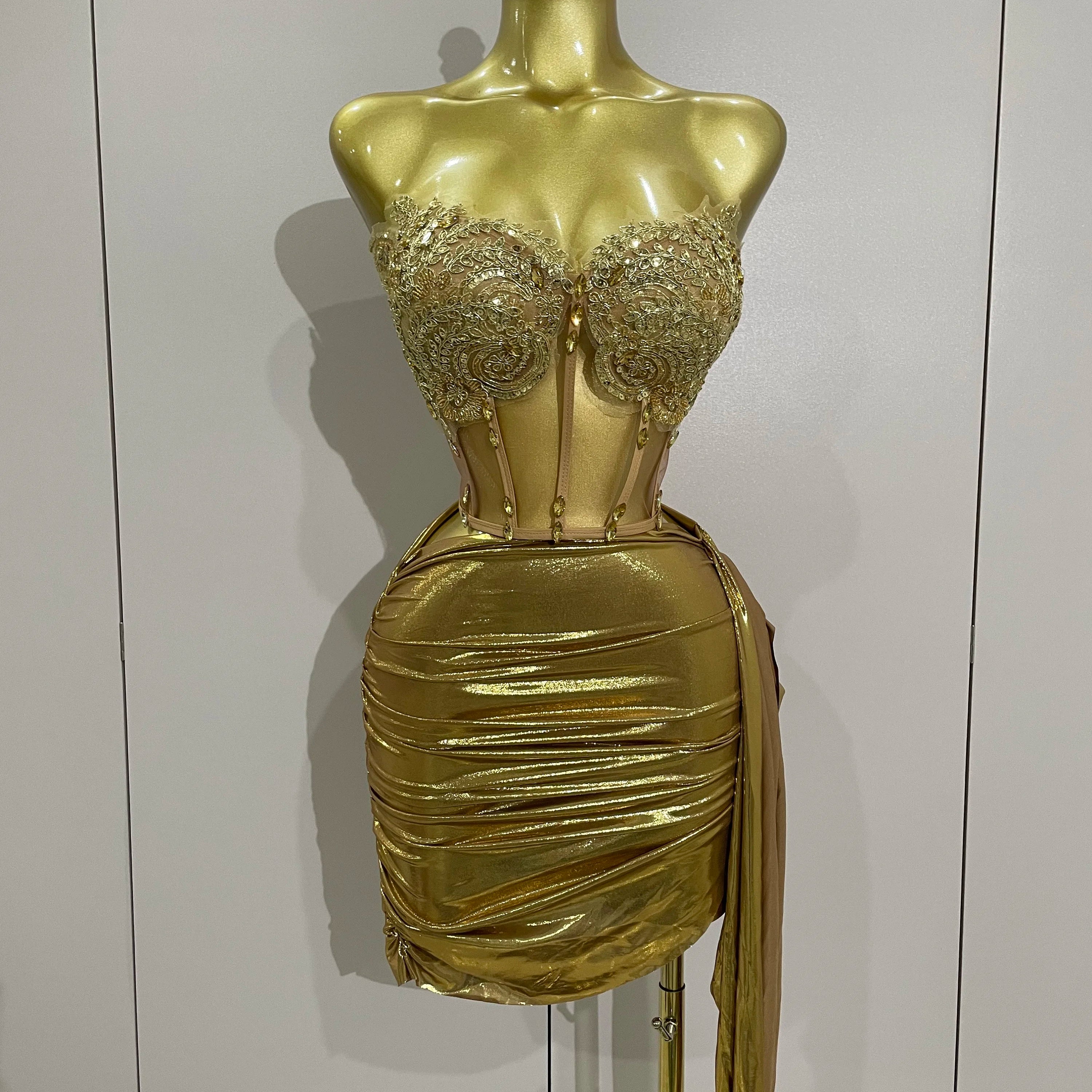 Sparkly Gold Sexy Top Two Pieces Short Skirt Set 2025 Women Celebrate Birthday Dress Party NightClub Dancer Show Stage Outfit