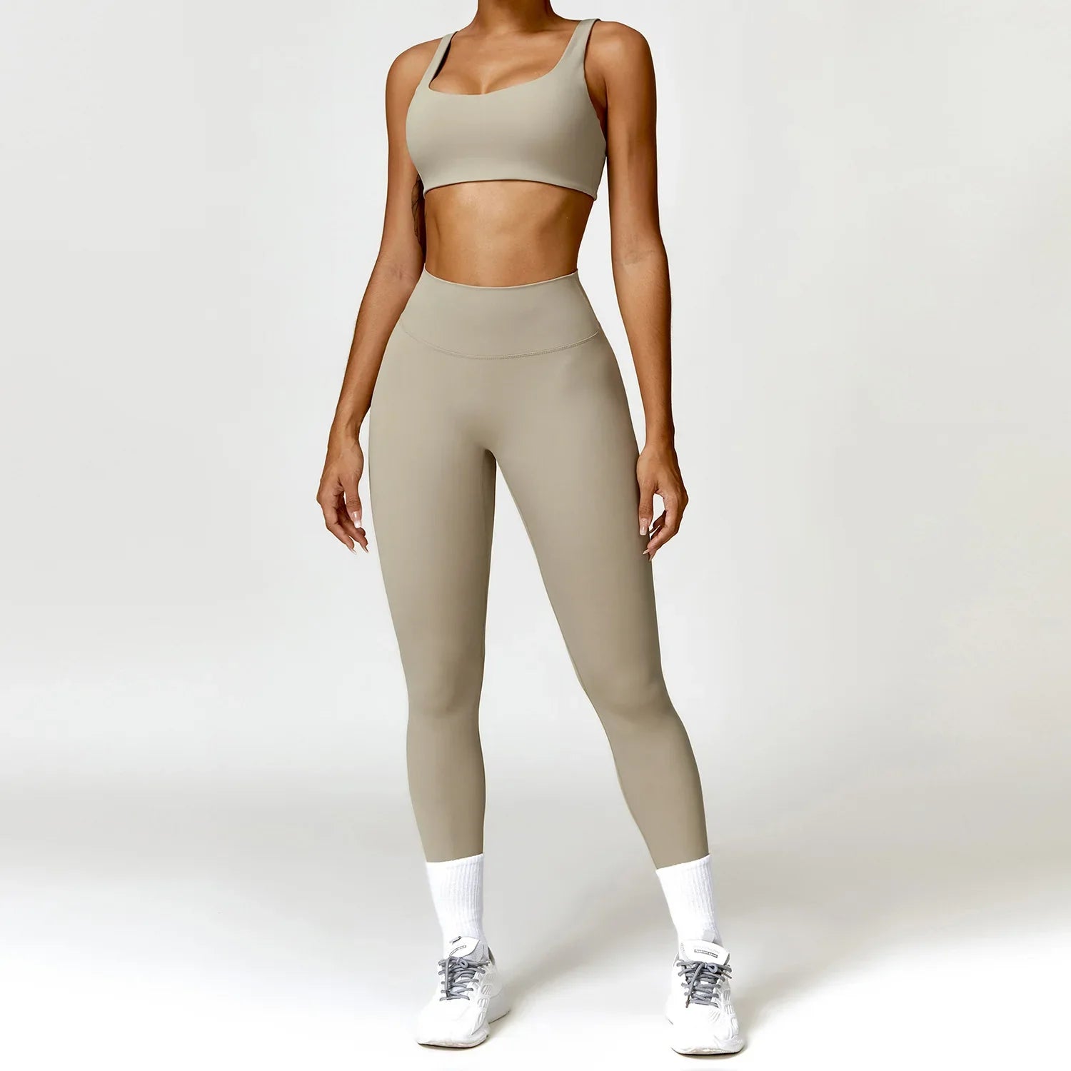Women Tracksuit Yoga Set 2PCS Sportswear Workout Clothes Athletic Wear Gym Legging Fitness Bra Crop Top Long Sleeve Sports Suits Camel Brown Set-2 CHINA