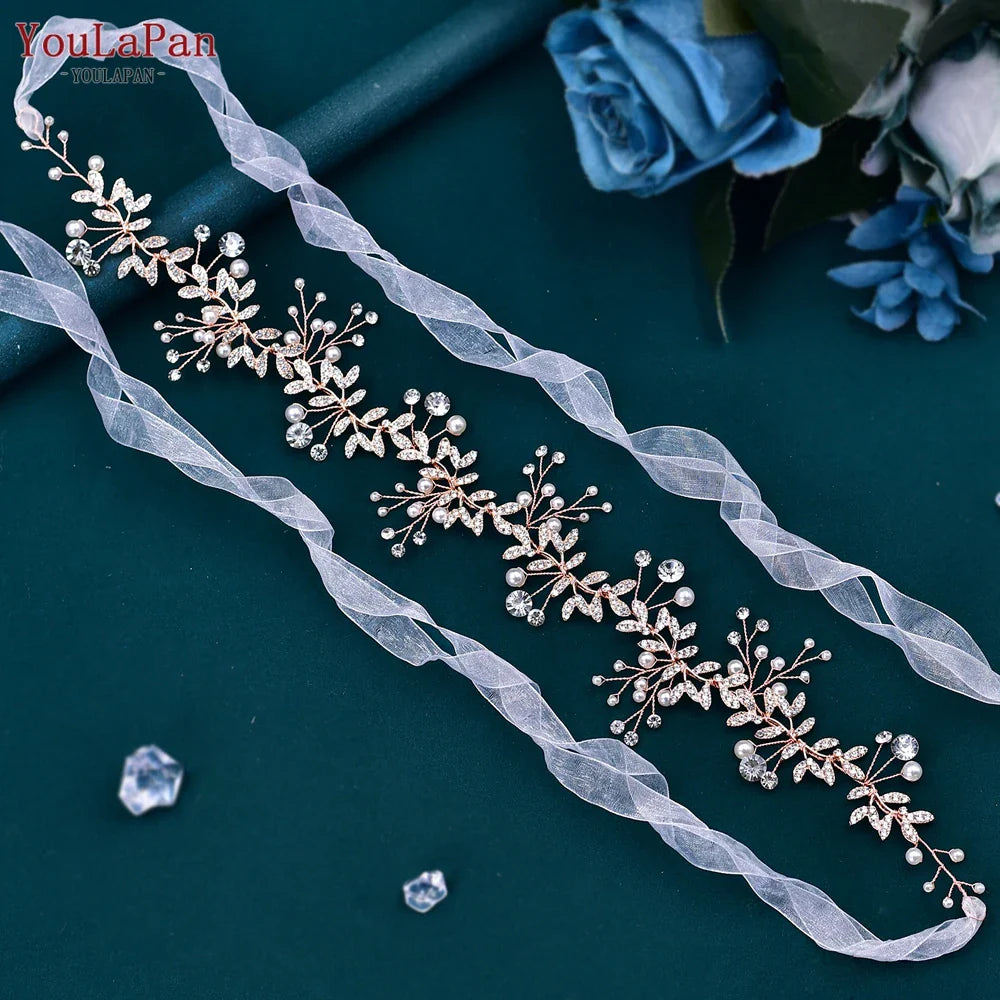 YouLaPan Rhinestone Wedding Dress Sash Belt Alloy Leaf Bridal Belts Women Robe Evening Gown Belt Wedding Accessories SH233 rose gold