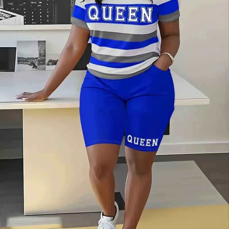 Plus Size Summer Outfits Biker Shorts Set Crew Neck Short Sleeve Positioning Printing Queen Plus Size 2 Piece Set Women