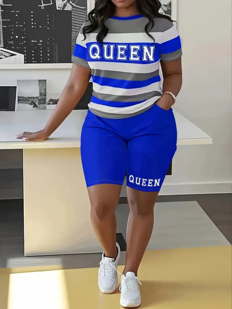 Plus Size Summer Outfits Biker Shorts Set Crew Neck Short Sleeve Positioning Printing Queen Plus Size 2 Piece Set Women