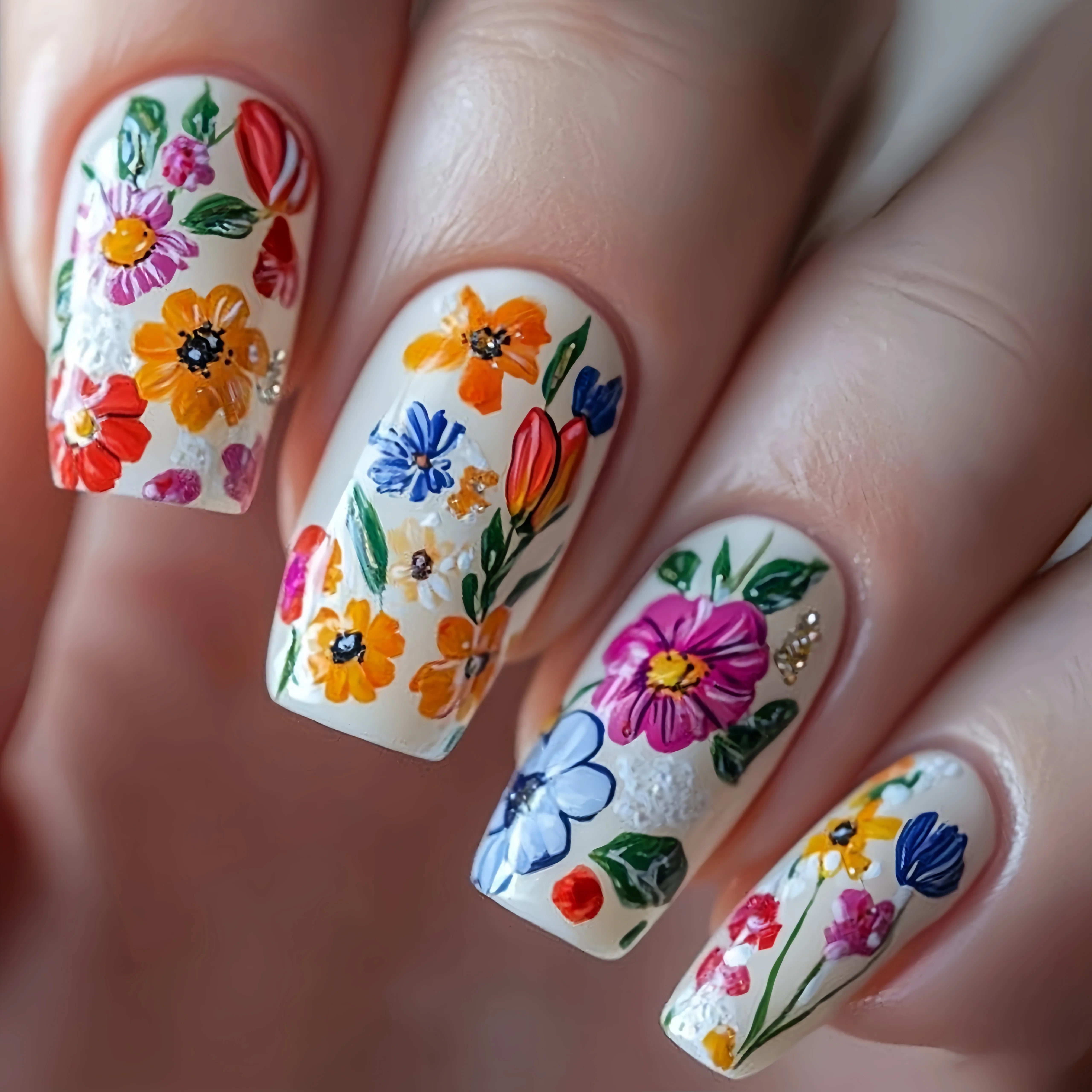 Medium and long square-shaped European manicure, fashionable manicure for New Year and spring and summer, purple gradient flower