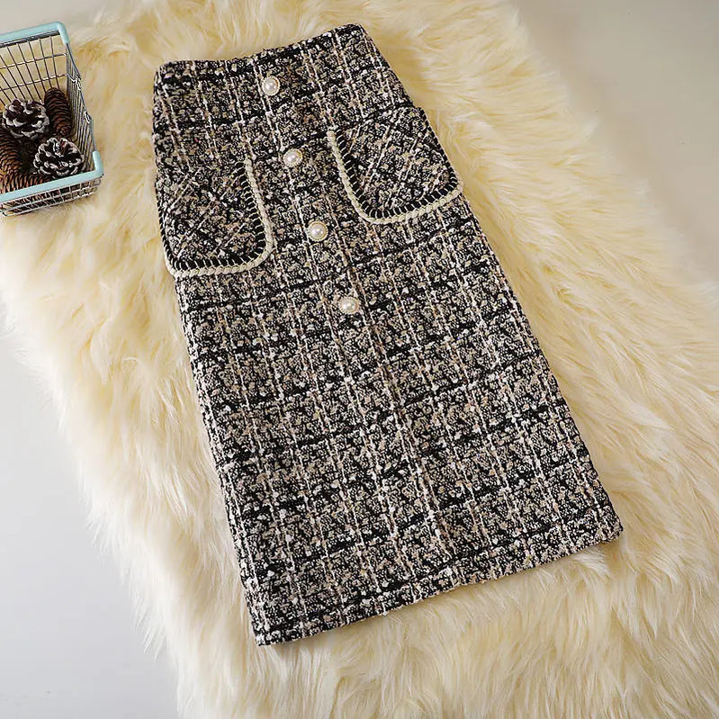 HI-FASHION Woolen Plaid Skirt Female Autumn New High Waist Pocket Split Mid-length Skirts Korean Winter One-step Plus Size Skirt Khaki