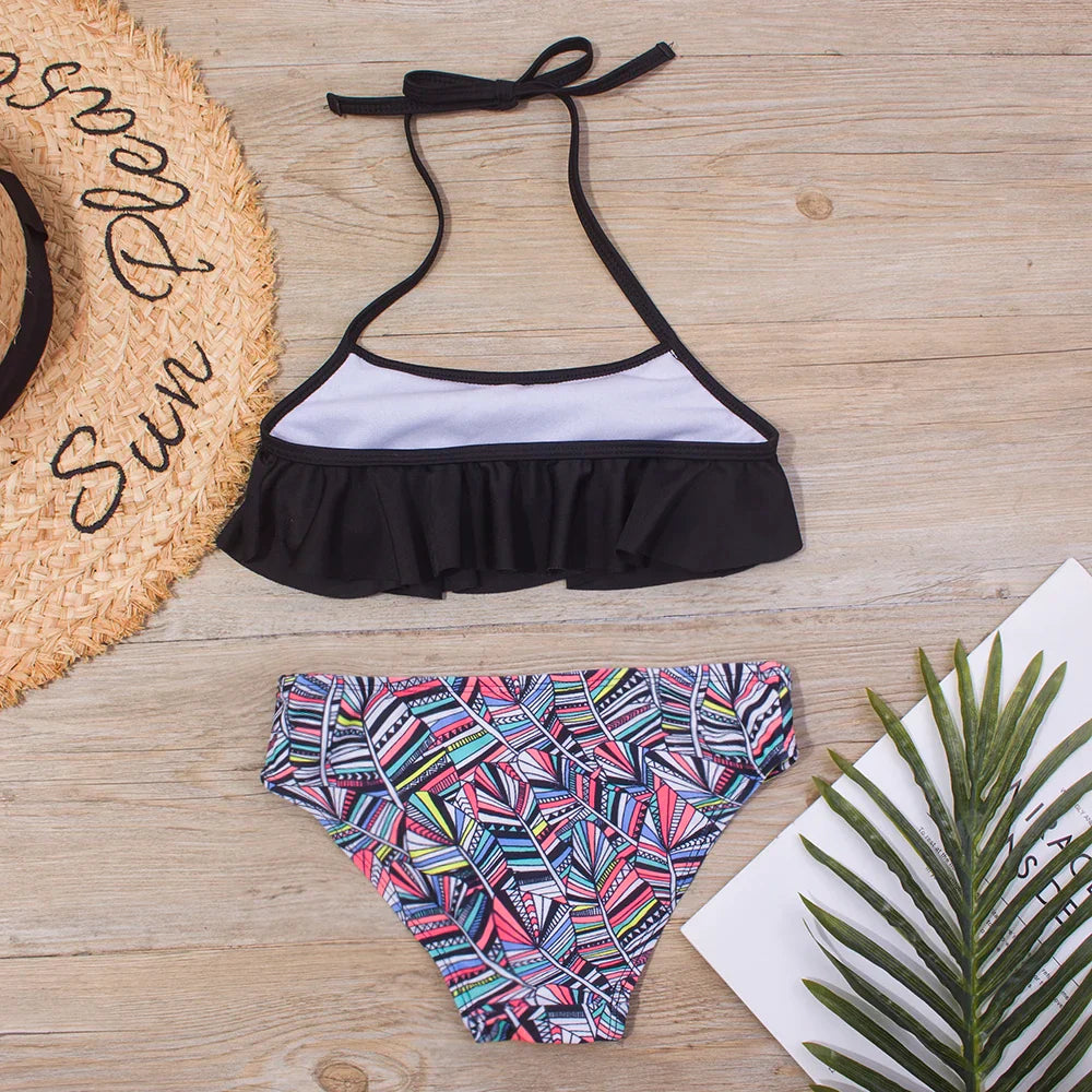 New Falbala Kids Swimwear Swimsuit New Print Girls Kid Bikini Set 5-14 Years Children Bandage Swimming Suit Beachwear A247