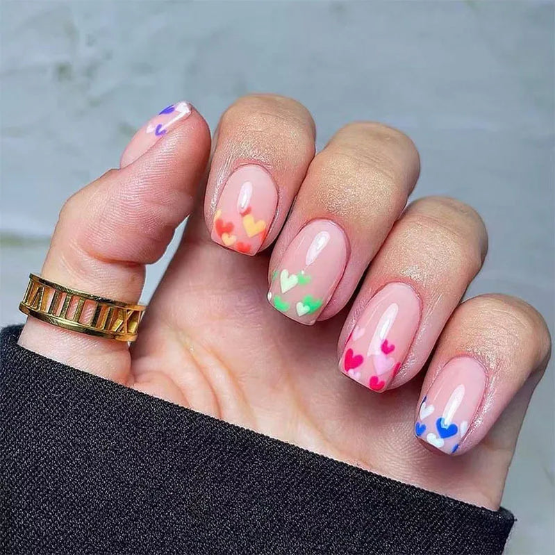 Short Square Fake Nails 24Pcs Nude Color Press On Nails Colorful Love Heart Printed Women Girls Valentine's Day Charm Manicure