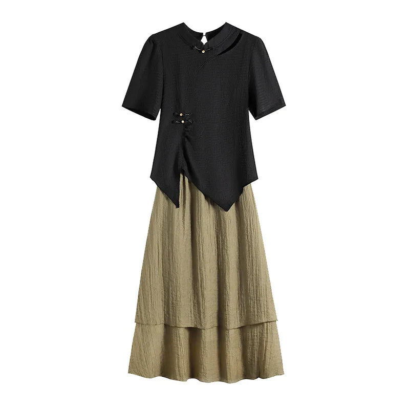 150Kg Plus Size Women's Bust 143 Summer Loose Short Sleeve Chinese Qipao Style Top Skirt Two Piece Set 2XL 3XL 4XL 5XL 6XL 7XL