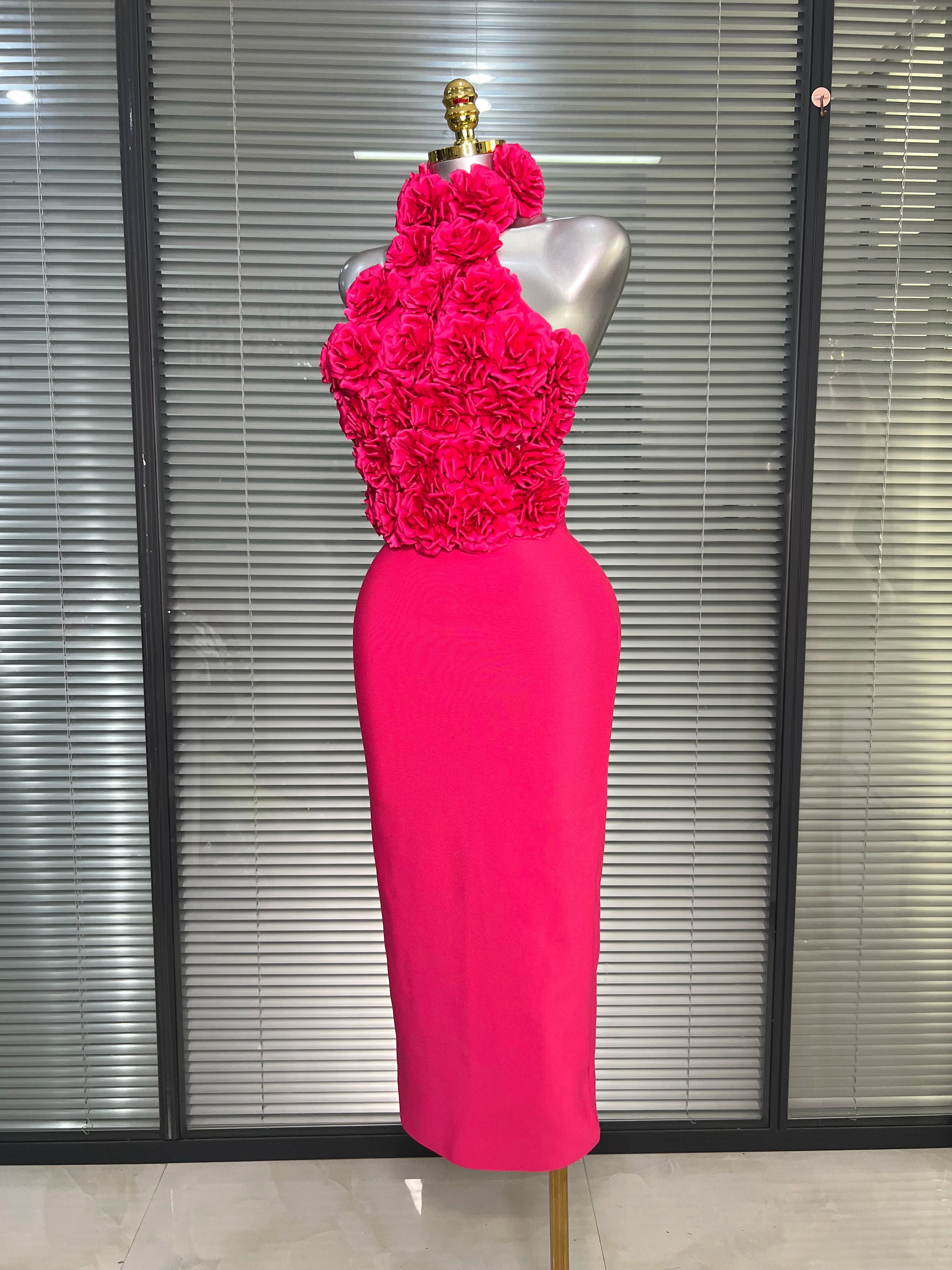 Women Sexy Hot Pink Flower Halter Long Bodycon Bandage Dress Birthday Backless Celebrity Party Dress