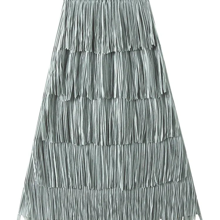 Pleated Tassel Long Skirts For Women High Waist Solid Color Stitching Elegant Party Clothing 2024 Summer Autumn Light Blue One Size