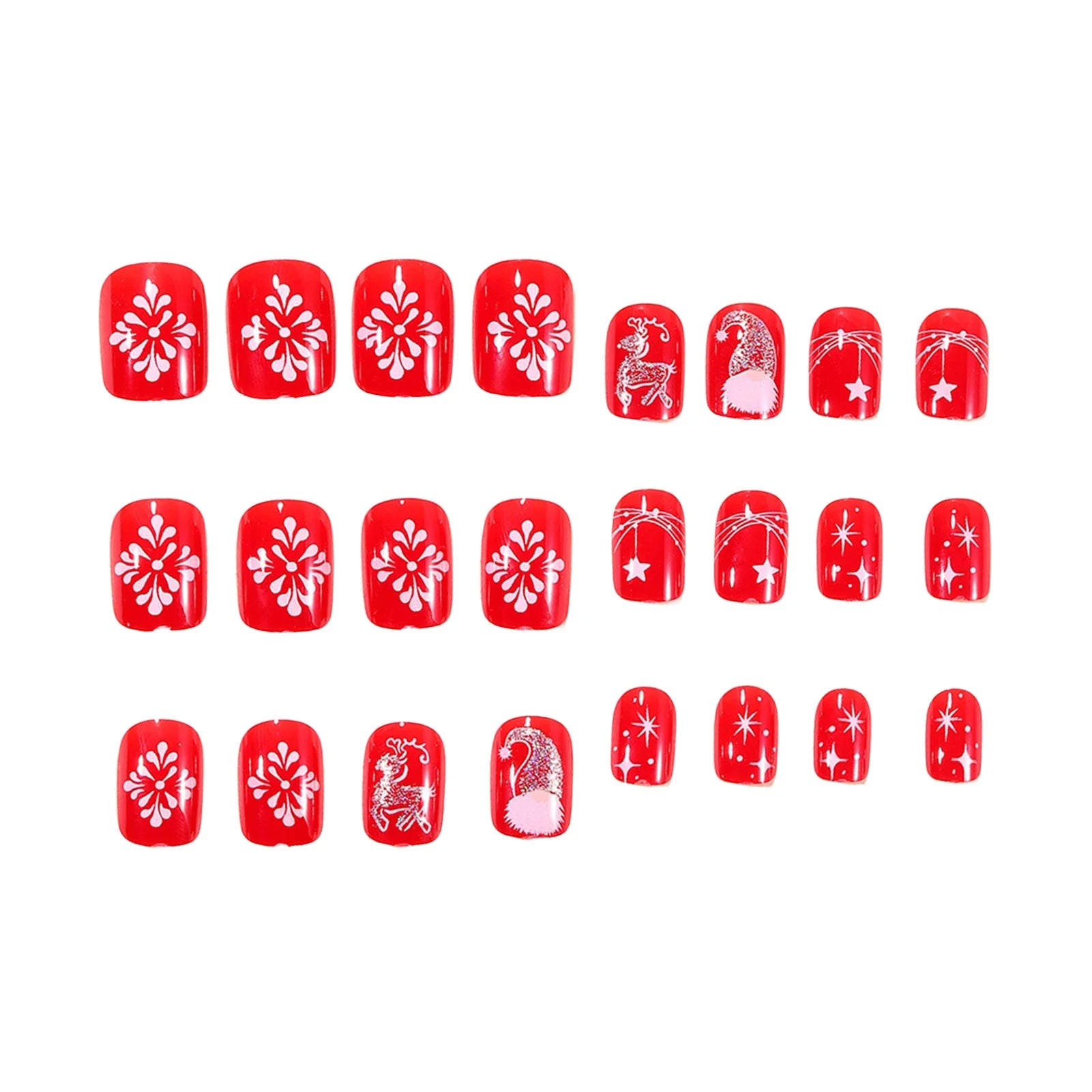 Short Square Press On Nails for Christmas Party, 24Pcs Red Fake Nails Deer/Snowflake/Star Printed Wearable Fake Nails Art