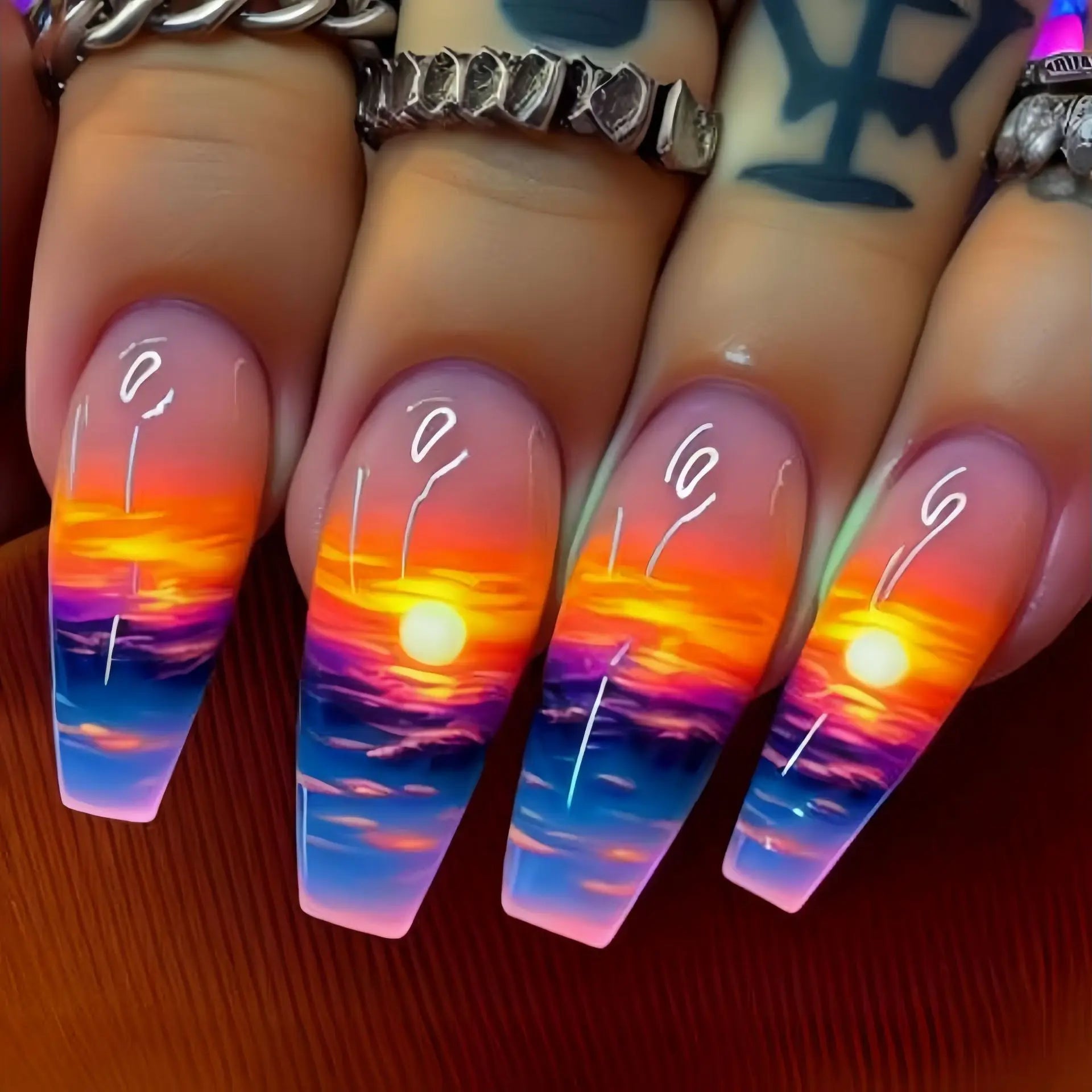 24pcs/set Short medium long fake nails colorful gradient Y2K sunset heart leopard print square ballet tips press on false nail