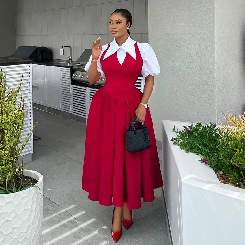 CM.YAYA Short Puff Sleeve Sweet Slim Long Women Shirt Dress High Waist Ruched Pleated Beach Streetwear Maxi Big Swing Dresses Red