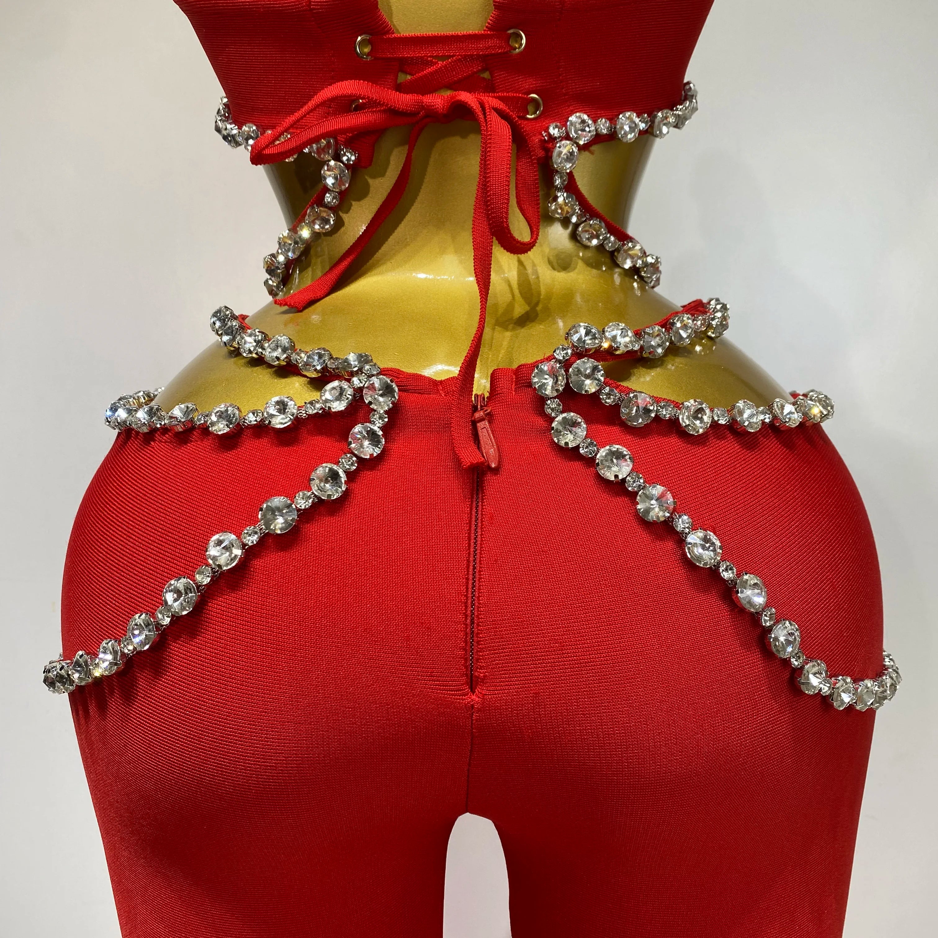 Women Luxury Rhinestone Red Sexy Cut Out Two Piece Pants Bandage Set 2025 Celebrity Designer Fashion Women's Set Stage Outfit