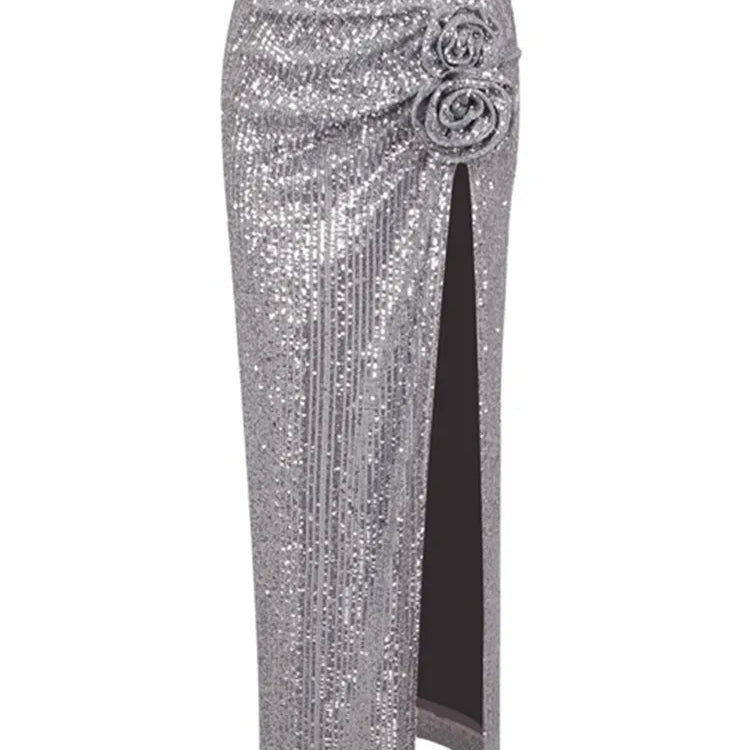 Women Mesh Sequins Flower Sparkly Silver Midi Bodycon Skirt 2024 Designer High Waist Party Office Lady Elegant Split Skirt