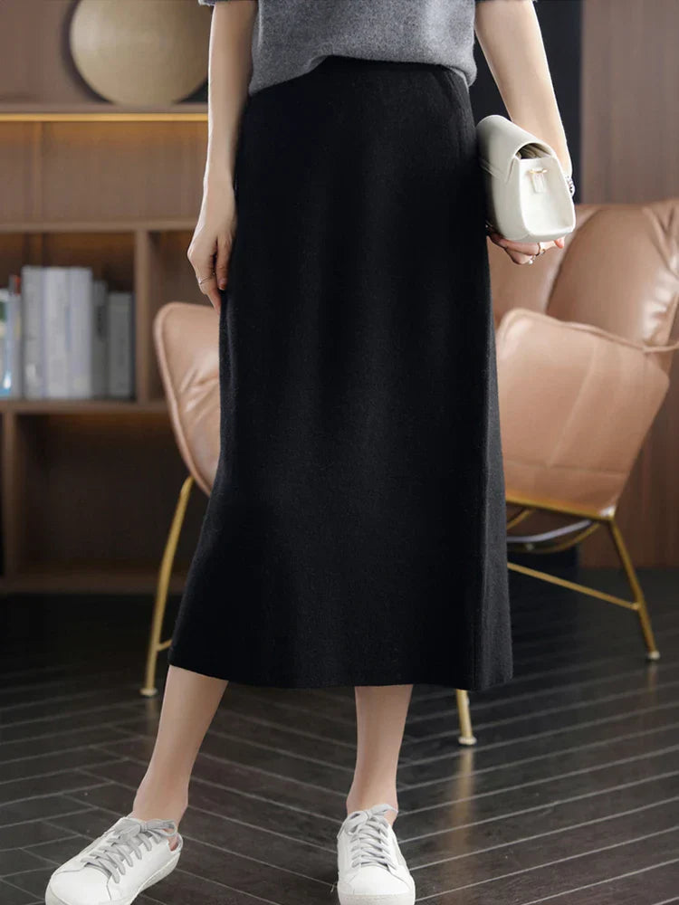 Women's Cashmere Long Knitted Skirts High Waisted Wool Midi Skirt Black Dark Brown Grey Pink Female Bottoms Winter Fashion Y2k Black