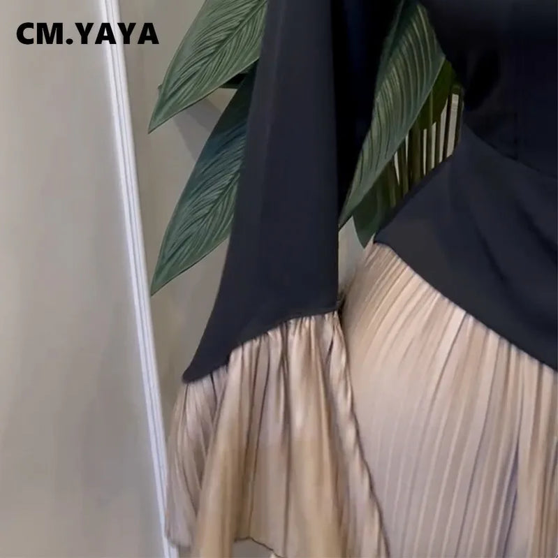 CM.YAYA Women Patchwork Flare Long Sleeve U-collar Pleated Big Swing Maxi Long Dress 2025 Birthday Sexy Club Party Even Dresses