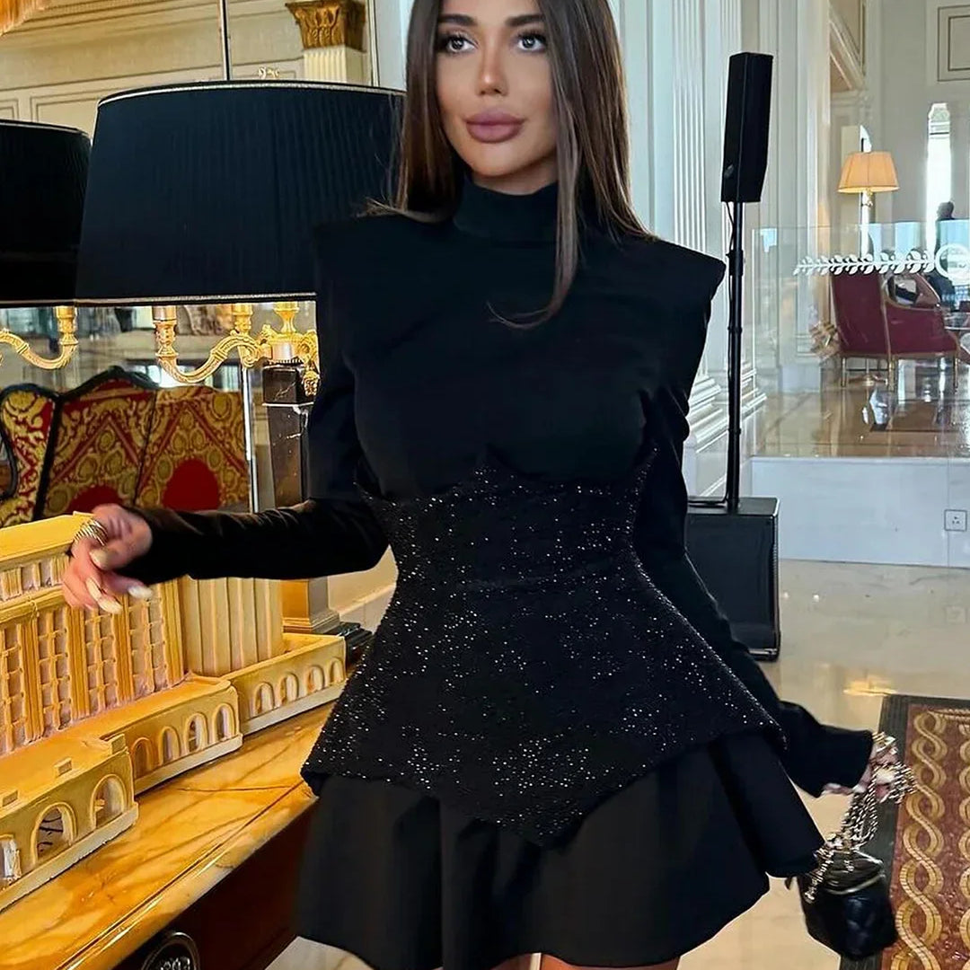 Arrival Black Red Women Long Sleeve Shinning Rhinestones A-Line Mini Dress Christmas Nightclub Party Celebrate Dress