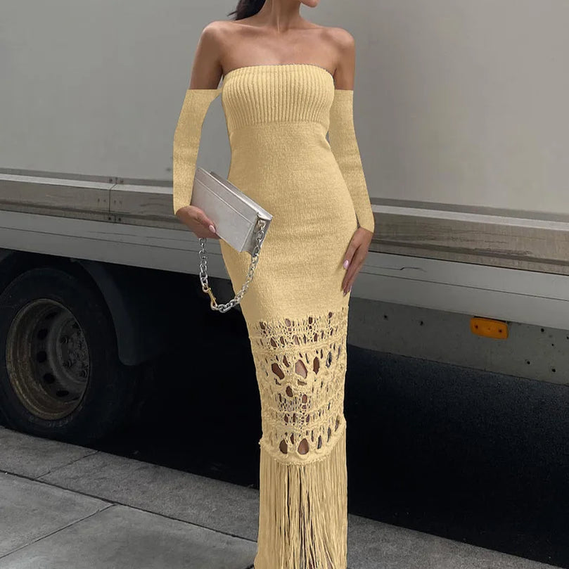 Dulzura Autumn Knitted Tassel Y2K Clothes Long Sleeve Backless Tube Bodycon Maxi Dress For Women 2023 Club Party Elegant Outfits