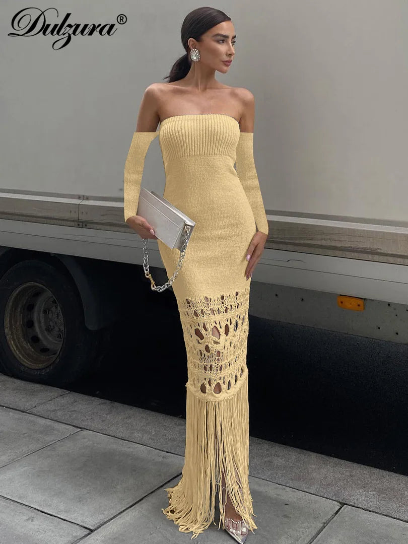 Dulzura Autumn Knitted Tassel Y2K Clothes Long Sleeve Backless Tube Bodycon Maxi Dress For Women 2023 Club Party Elegant Outfits