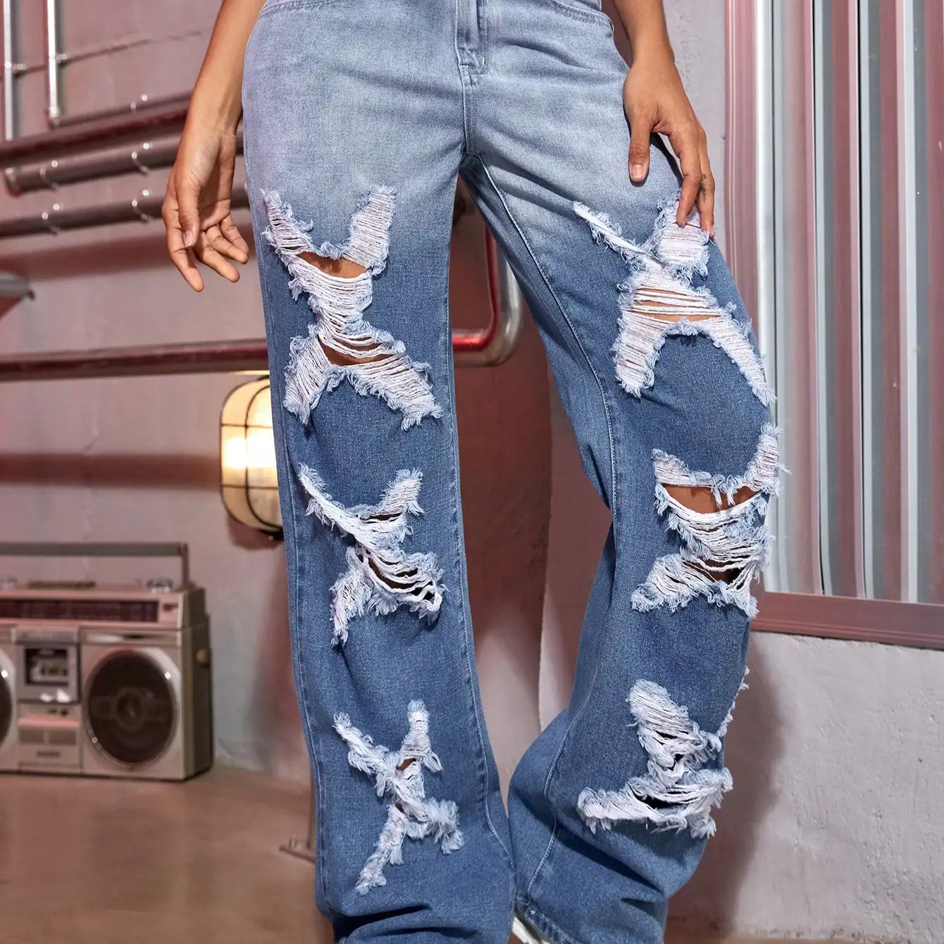 Y2K Women Fashion Ripped Jeans Color Contrast Split Shape Wide Leg Denim Trousers Streetwear