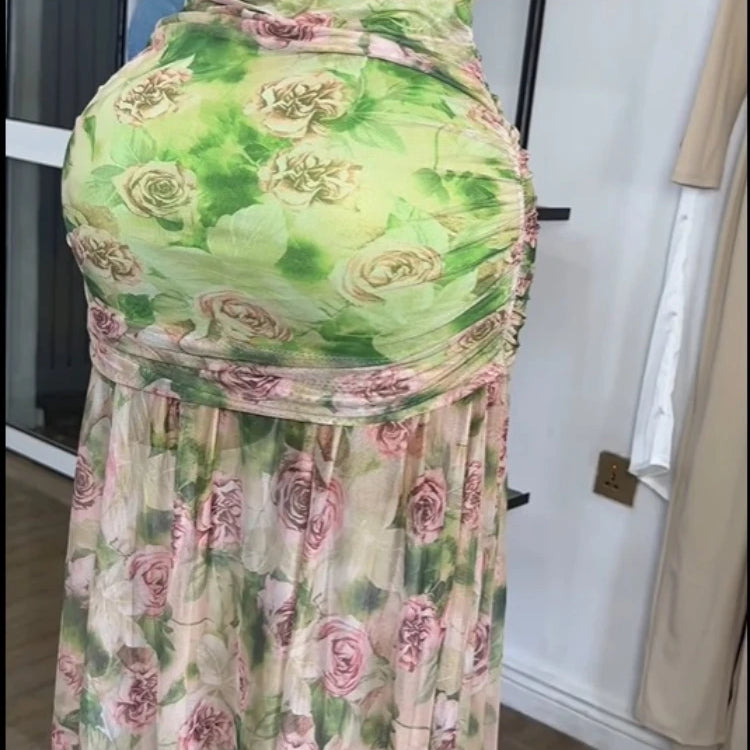 CM.YAYA Women Sleeveless Floral Print Strap Stacked Ruched High Split Tunic Maxi Long Dress 2025 Birthday Vacation Beach Dresses