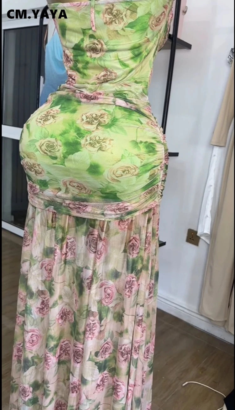 CM.YAYA Women Sleeveless Floral Print Strap Stacked Ruched High Split Tunic Maxi Long Dress 2025 Birthday Vacation Beach Dresses