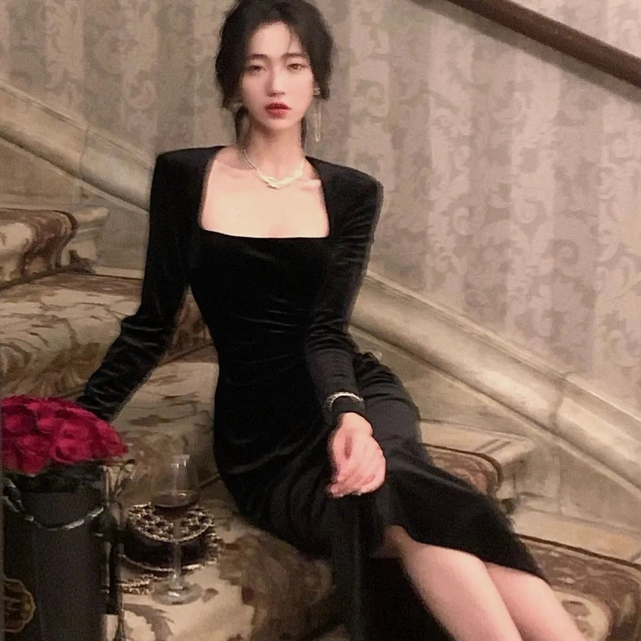 Fashion Elegant Long Black Velvet Dress Spring Women Sexy Bodycon Prom Evening Party Birthday Vestidos Female Vintage Robe